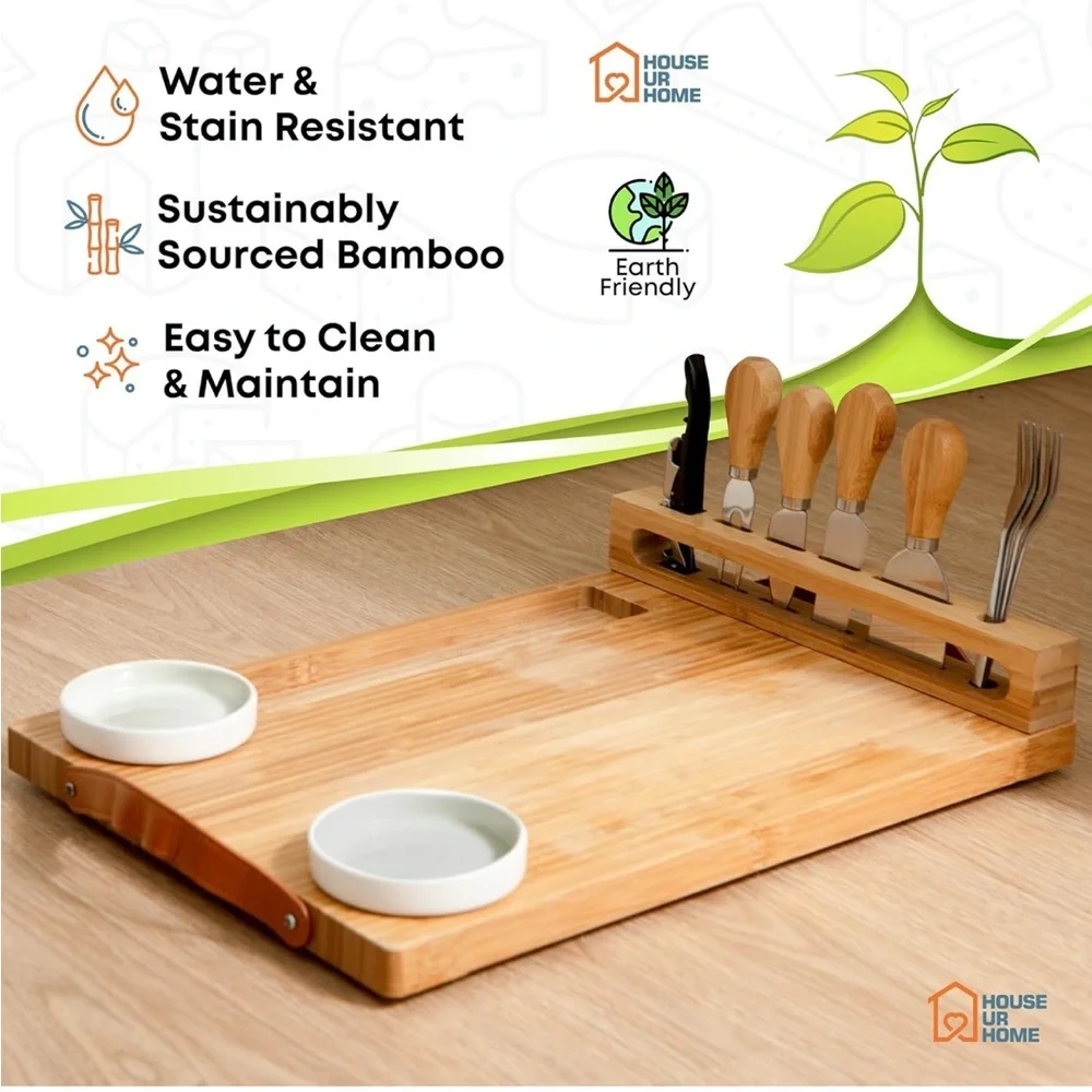 Bamboo Cheese Charcuterie Board,  Cutlery Set - Natural Wood